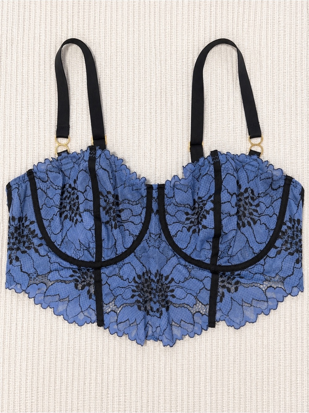 Blue & Black Floral Lace Corset Bustier Bra Gold Hardware